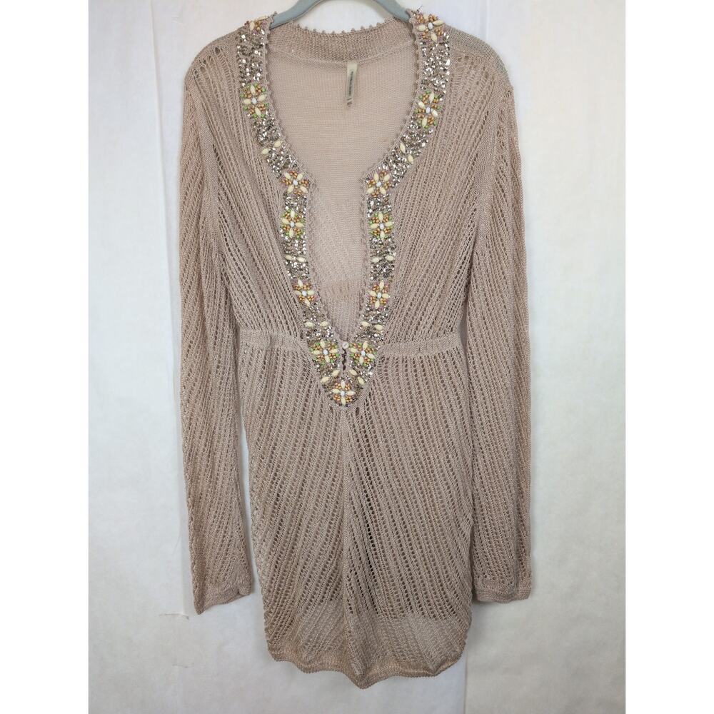 Victorias Secret tan beaded flax/linen open knit cover up sweater Lrg Coastal - Picture 3 of 10